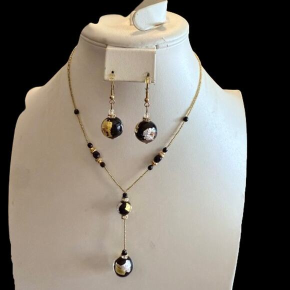 Murano Glass Black Silver Gold Foil Beaded Earrings Necklace - Picture 7 of 9